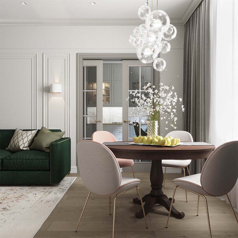 Mẫu thiết kế nội thất mang hơi hướng cổ điển. Với những đường nét chỉ nổi kết hợp với đồ nội thất hình tròn. Phong cách này phù hợp với những căn biệt thự