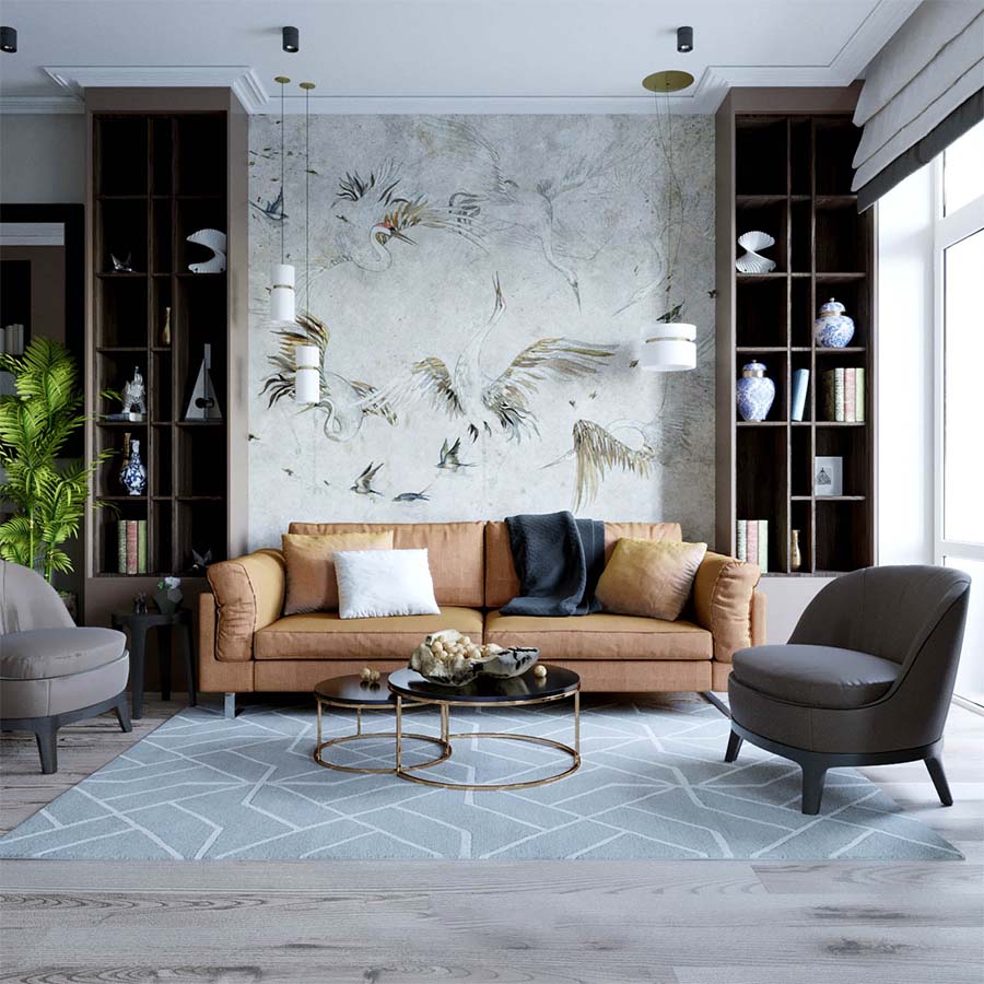 Nội thất phòng khách hiện đại sử dụng tone màu nhẹ nhàng. Sử dụng đồ nội thất màu vàng tạo cảm giác sang trọng. Đồng thời đây cũng là điểm nhấn của căn phòng